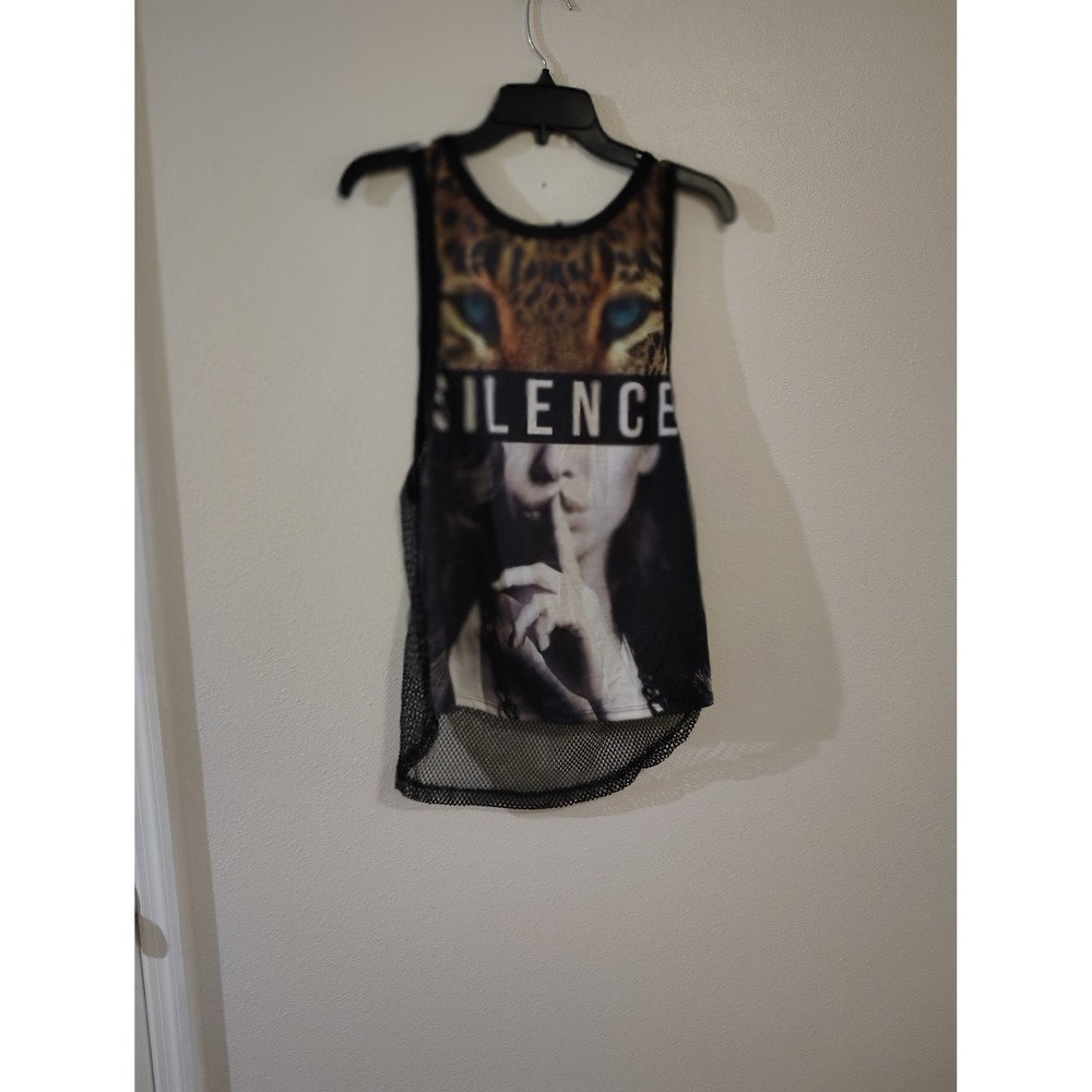 Rue21 Womens Silence Graphic Mesh Back Tank Top Leopard Print Black Medium